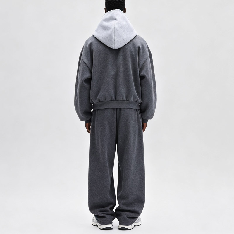 Men Color Block Fleece Lined Tracksuit Cropped Full Zip Hoodie Wide Leg Sweatpants Grey Embroidery Oversize Streetwear Casual