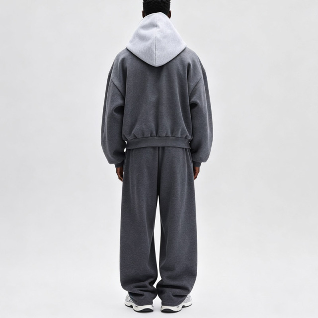 Men Color Block Fleece Lined Tracksuit Cropped Full Zip Hoodie Wide Leg Sweatpants Grey Embroidery Oversize Streetwear Casual