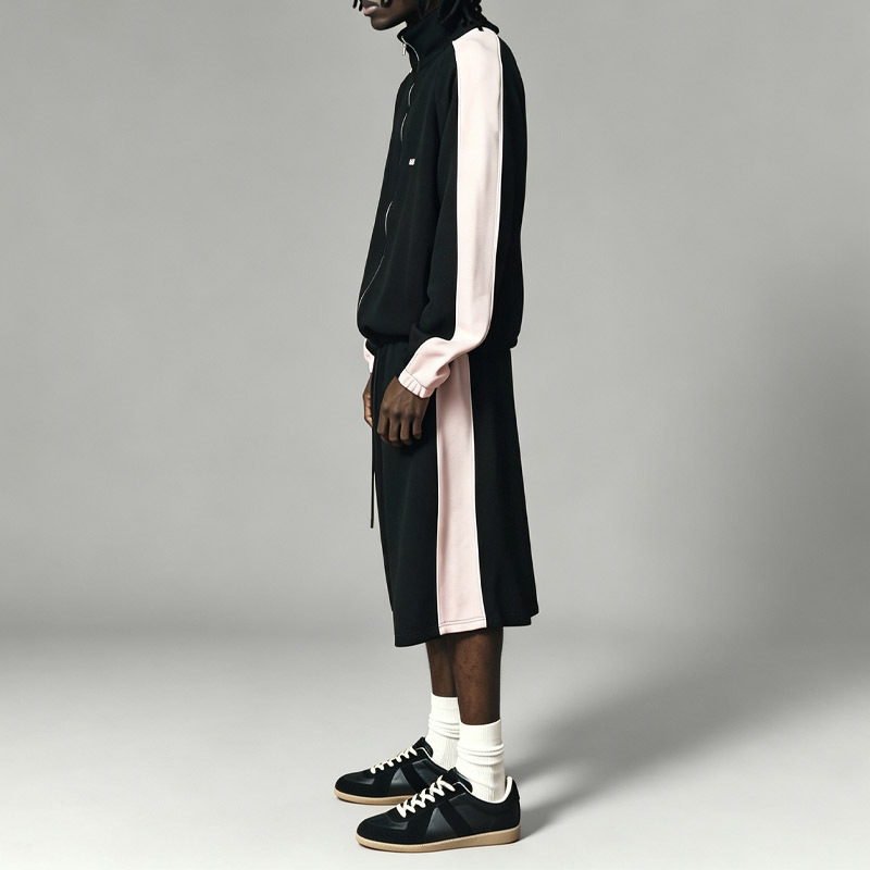 Men Stand Collar Full Zip Jacket & Wide Leg 3/4 short Tracksuit Color Blocking Embroidery Heavyweight Oversized Streetwear