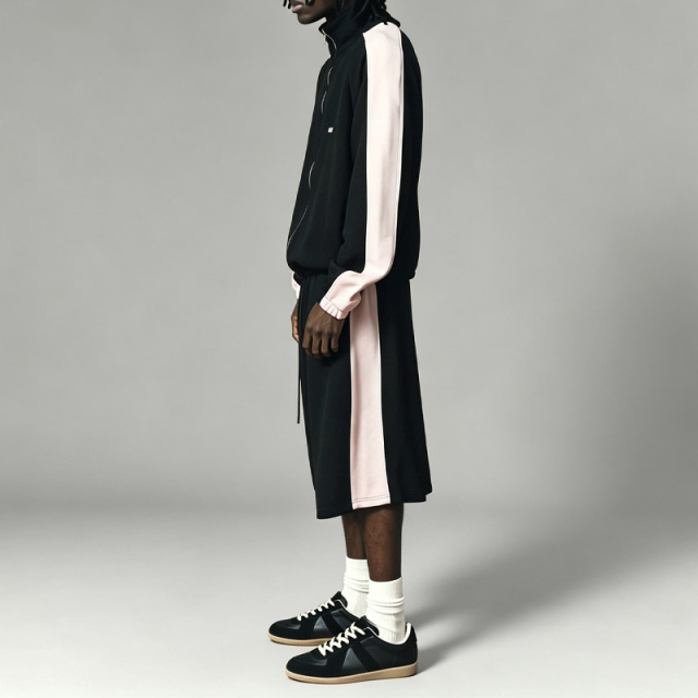 Men Stand Collar Full Zip Jacket & Wide Leg 3/4 short Tracksuit Color Blocking Embroidery Heavyweight Oversized Streetwear