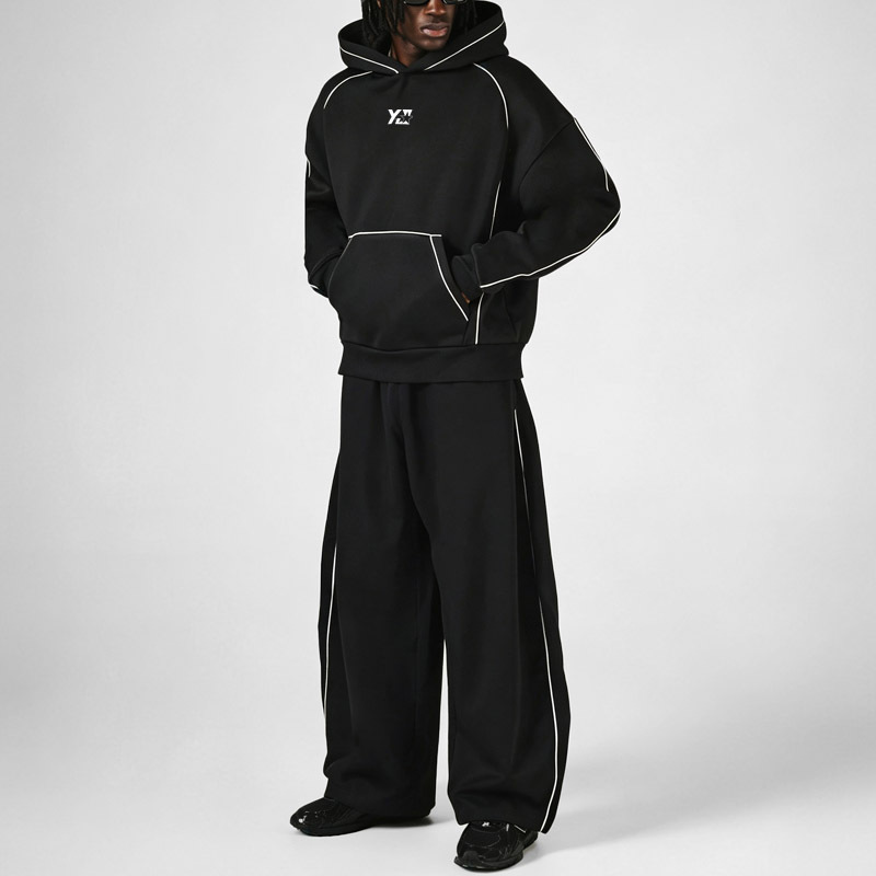 Men's Oversized Drop Shoulder Hoodie Heavyweight Fleece Contrast Piping Screen Print Wide Leg Sweatpants Streetwear Tracksuit