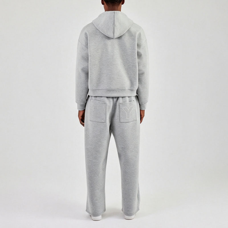 Custom Men Winter Air Layer Fabric Embroidery Boxy Zip-Up Hooded Hoodie Baggy Wide-Leg Pant Side Pockets Oversized Streetwear