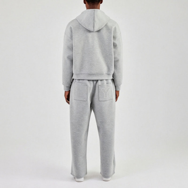 Custom Men Winter Air Layer Fabric Embroidery Boxy Zip-Up Hooded Hoodie Baggy Wide-Leg Pant Side Pockets Oversized Streetwear