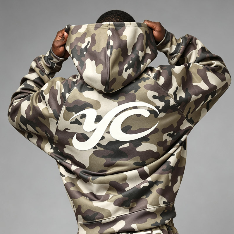 Men Full Zip up Hooded Tracksuit DTG Full Camo Print Raglan Sleeve Chenille Embroidery Screen Print Oversized Street 2 Piece Set