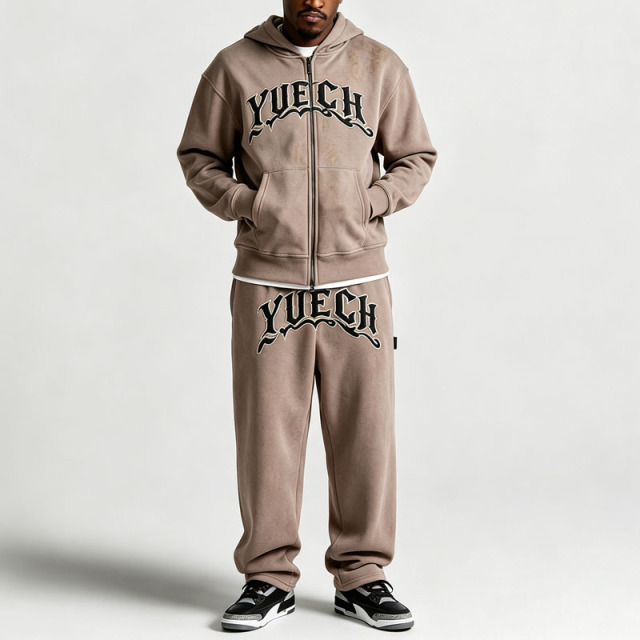 Custom Men's Oversized Boxy Fit Zip Hoodie Tracksuit Heavyweight Fleece 3D Embroidery Kangaroo Pocket Relaxed Jogger 2 Piece Set