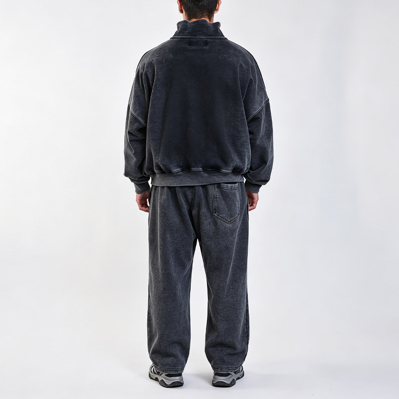 Custom Men's Snow Wash Cotton French Terry Quarter Zip Cropped Embroidery Applique Hoodie Wide Leg Sweatpants Street Set