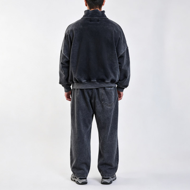 Custom Men's Snow Wash Cotton French Terry Quarter Zip Cropped Embroidery Applique Hoodie Wide Leg Sweatpants Street Set