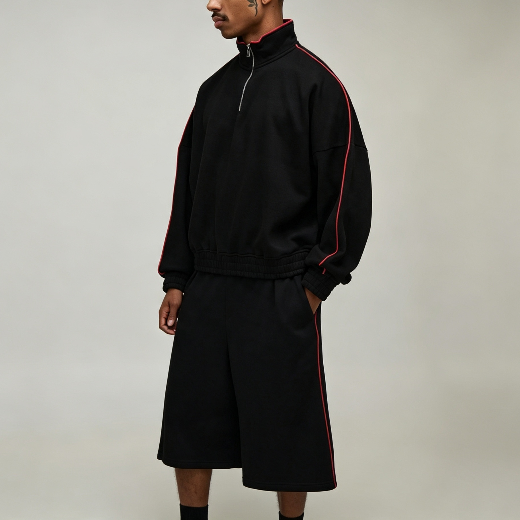 Winter Custom Quarter Zip Mock Neck Boxy Fit Cropped Elastic Hem Contrast Piping Fleece 2-Piece Streetwear Knee-Length Men's