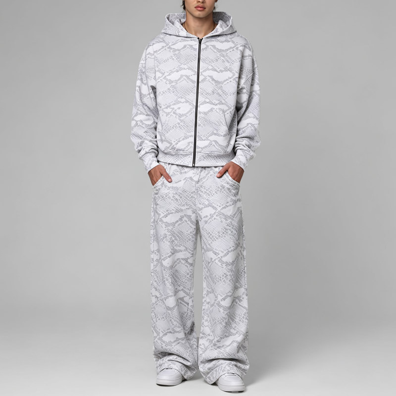 Custom Men Boxy Oversized Full Zip Cropped Hooded Tracksuit DTG Snake Animal Print Fleece Dropped Shoulder Wide Leg Streetwear