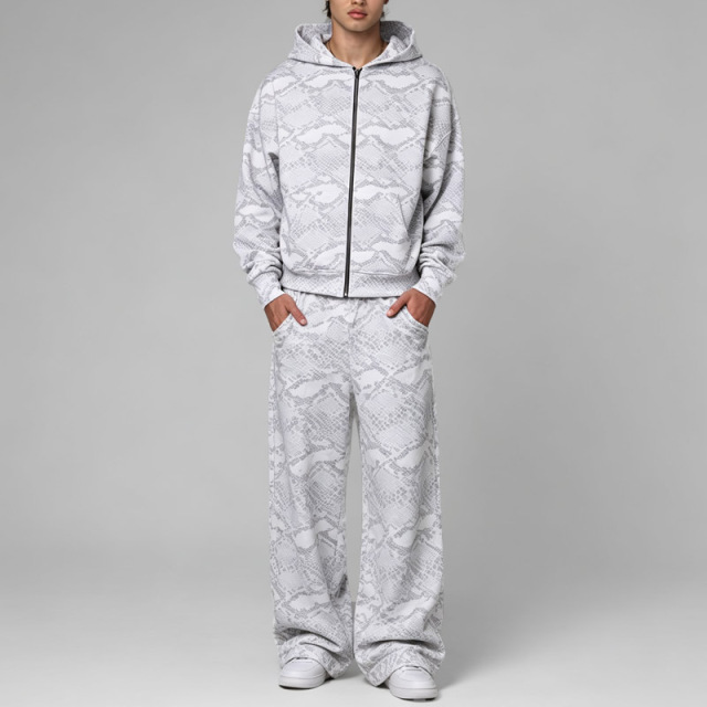 Custom Men Boxy Oversized Full Zip Cropped Hooded Tracksuit DTG Snake Animal Print Fleece Dropped Shoulder Wide Leg Streetwear