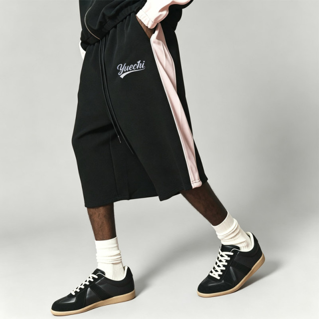 Men Stand Collar Full Zip Jacket & Wide Leg 3/4 short Tracksuit Color Blocking Embroidery Heavyweight Oversized Streetwear
