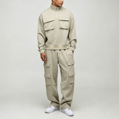 Custom Quarter Zip Funnel Neck Boxy Fit Baggy Sage Green Soft Polyester Embroidery 2 Pieces Men's Cargo Pocket Tracksuit