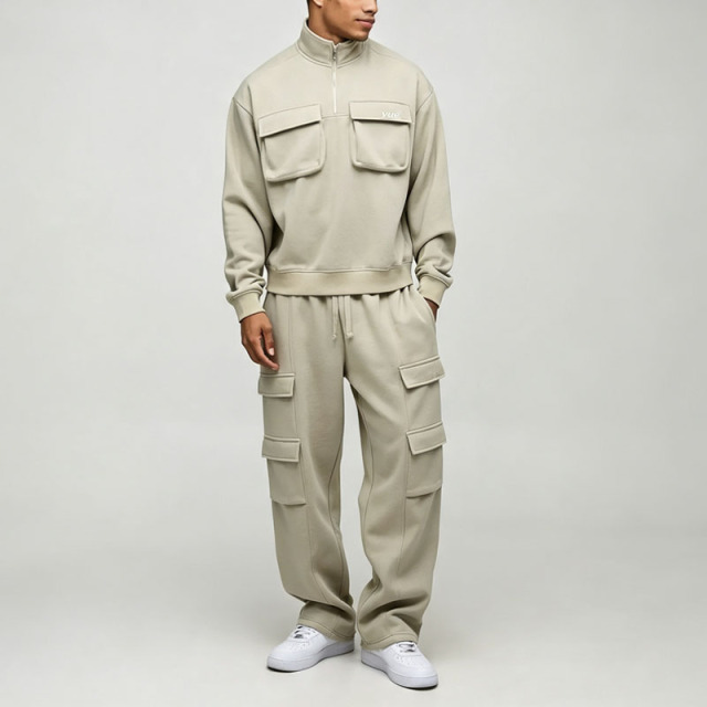 Custom Quarter Zip Funnel Neck Boxy Fit Baggy Sage Green Soft Polyester Embroidery 2 Pieces Men's Cargo Pocket Tracksuit