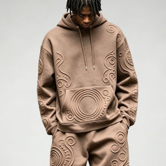 Custom 3D Embossed Pullover Hoodie Wide Leg Trousers 2 Pieces Cotton Blend Relaxed Men's Textured Tracksuit Set
