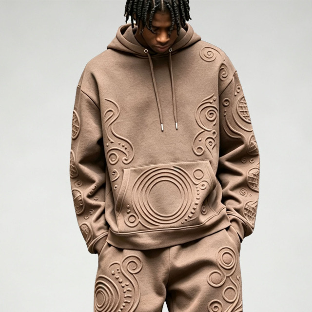 Custom 3D Embossed Pullover Hoodie Wide Leg Trousers 2 Pieces Cotton Blend Relaxed Men's Textured Tracksuit Set