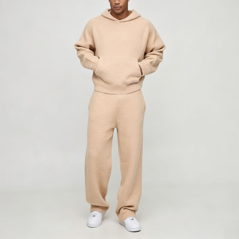 Custom Brushed Fleece Knit 100% Cotton 2 Pieces Boxy Fit Flared Jogger Pullover Hoodie Solid Winter Warm Men's Relaxed Tracksuit