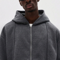 Custom Men Charcoal Cropped Full Zip Hoodie Tracksuit Heavyweight Fleece Vertical Seam Wide Leg Sweatpants Streetwear
