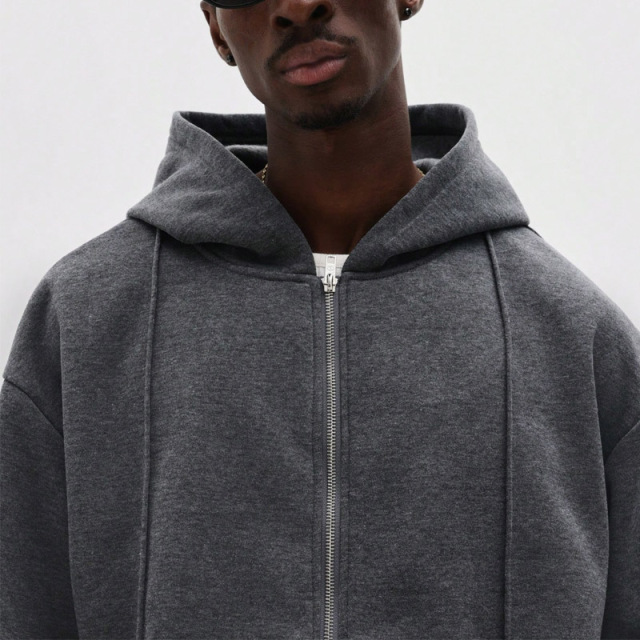 Custom Men Charcoal Cropped Full Zip Hoodie Tracksuit Heavyweight Fleece Vertical Seam Wide Leg Sweatpants Streetwear