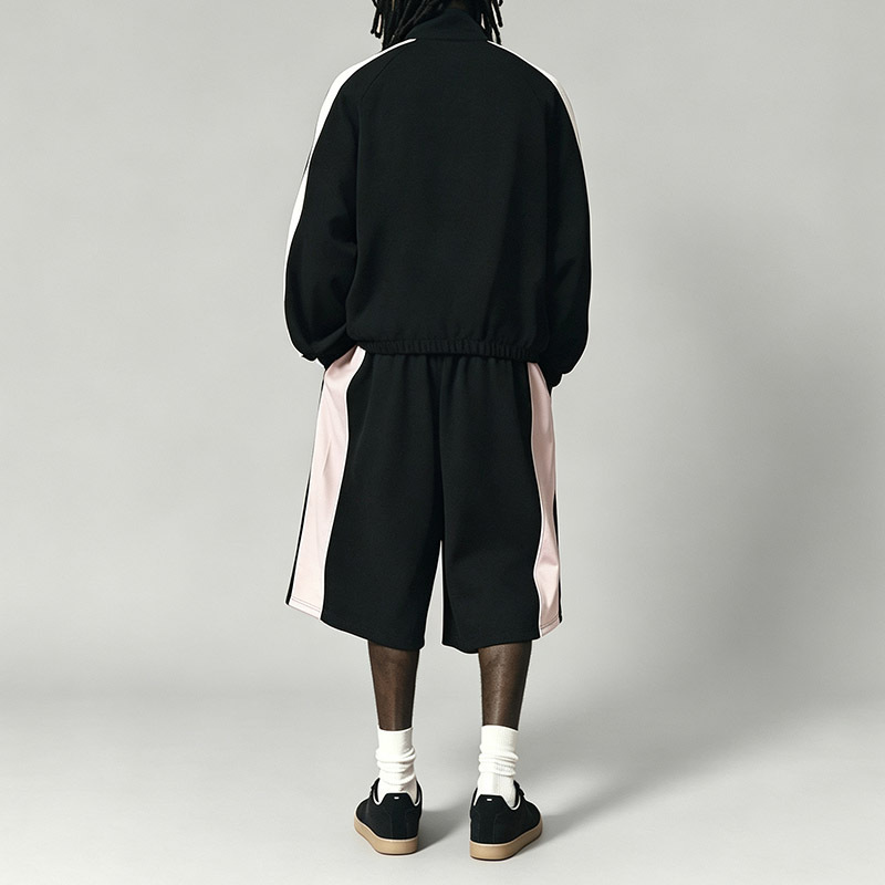 Men Stand Collar Full Zip Jacket & Wide Leg 3/4 short Tracksuit Color Blocking Embroidery Heavyweight Oversized Streetwear