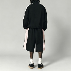 Men Stand Collar Full Zip Jacket & Wide Leg 3/4 short Tracksuit Color Blocking Embroidery Heavyweight Oversized Streetwear