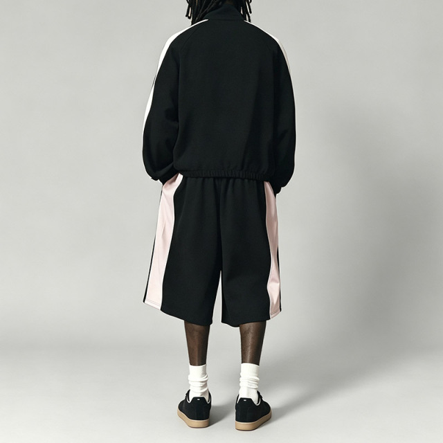 Men Stand Collar Full Zip Jacket & Wide Leg 3/4 short Tracksuit Color Blocking Embroidery Heavyweight Oversized Streetwear