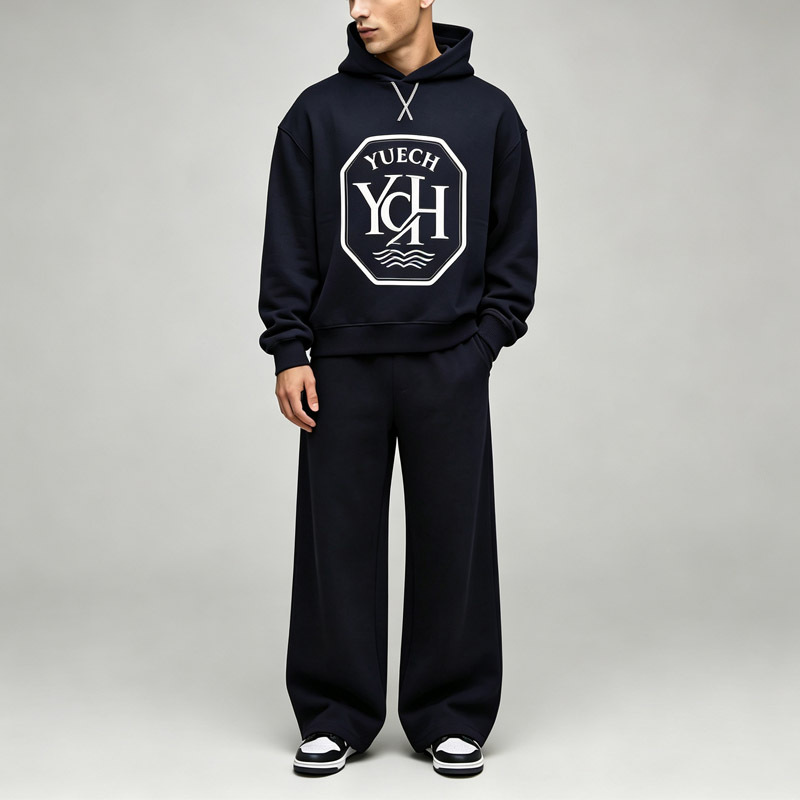 Men Boxy Oversized Hoodie Tracksuit 2 Piece Set Applique Embroidery College Baseball Style Brushed Back Fleece Modern Streetwear