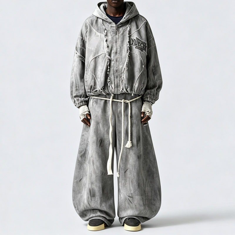 Custom Men's Vintage Washed Grey Tracksuit Deconstructed Seam Raw Edge Full Zip Hoodie Oversized Wide Leg Pants Streetwear Sets