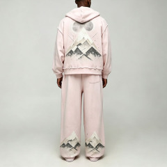 Custom Men's Winter Oversized Boxy French Terry Washed Zip Hoodie Wide Leg Sweatpants 100% Cotton Vintage Graphic Streetwear
