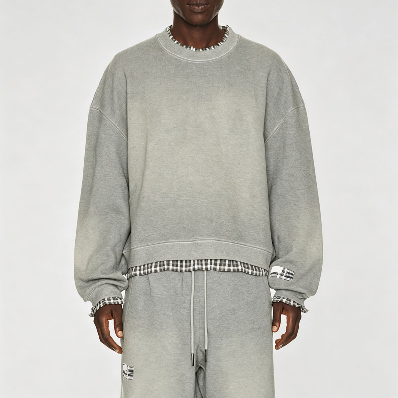 Custom Men's Sun Faded Grey Heavyweight French Terry Tracksuit Mock Two Piece Crew Neck Sweatshirt Wide Leg Sweatpants