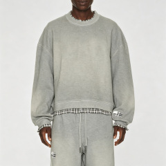 Custom Men's Sun Faded Grey Heavyweight French Terry Tracksuit Mock Two Piece Crew Neck Sweatshirt Wide Leg Sweatpants