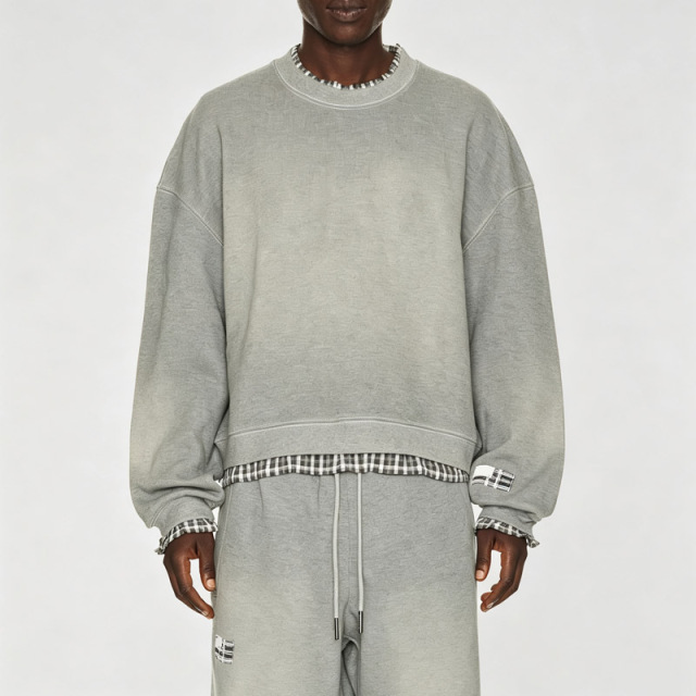Custom Men's Sun Faded Grey Heavyweight French Terry Tracksuit Mock Two Piece Crew Neck Sweatshirt Wide Leg Sweatpants