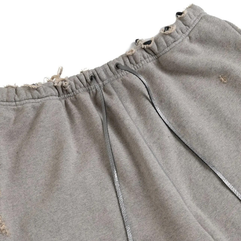Men Stone Washed Heather Grey Heavyweight 100% Cotton French Terry Distressed Ripped Cropped Hoodie Wide Leg Cropped Tracksuit