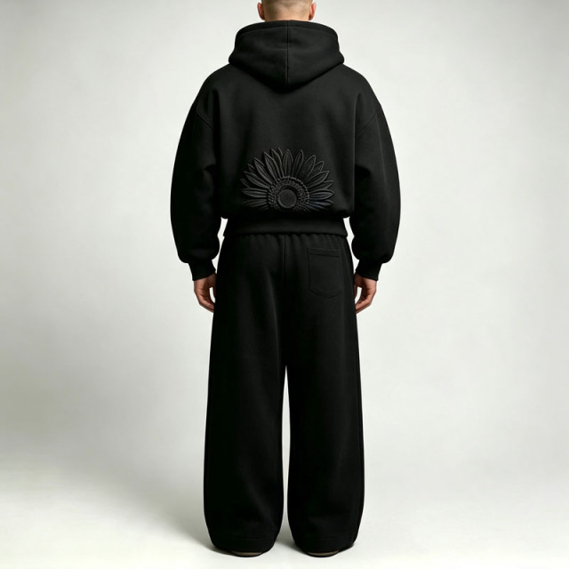Custom 3D Embossed 100% Cotton French Terry Winter Hooded 2-Piece Boxy Cropped Wide-Leg Baggy Urban Streetwear Men's Heavyweight