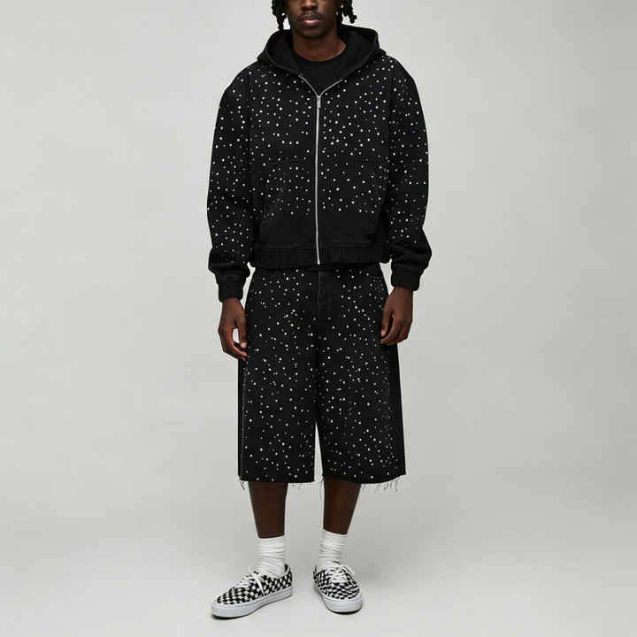 Custom Made Rhinestone Studded Heavyweight French Terry 2-Piece Full-Zip Boxy Fit Cropped Wide-Leg Men's Black Winter Streetwear