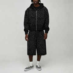 Custom Made Rhinestone Studded Heavyweight French Terry 2-Piece Full-Zip Boxy Fit Cropped Wide-Leg Men's Black Winter Streetwear