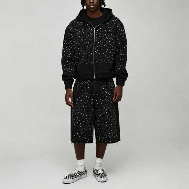 Custom Made Rhinestone Studded Heavyweight French Terry 2-Piece Full-Zip Boxy Fit Cropped Wide-Leg Men's Black Winter Streetwear