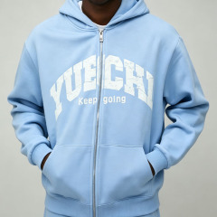 Custom 2 Pieces Full Zip up Boxy Fit Baggy Wide Leg Blue Cotton Polyester Streetwear Men's Screen Printing Tracksuit Set