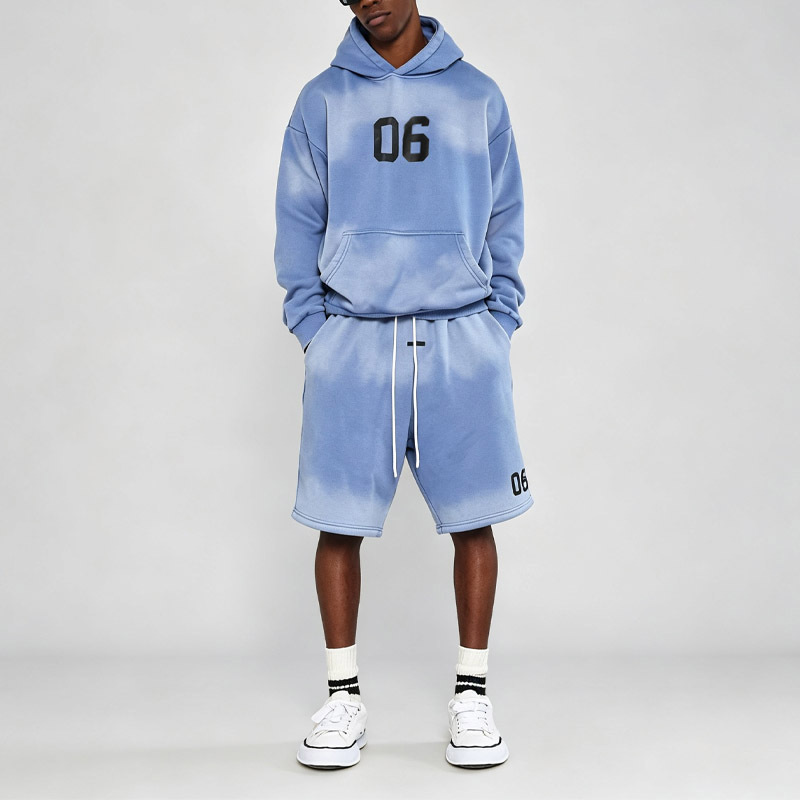 Custom Men Sun Faded French Terry 100% Cotton Hoodie Short Tracksuit Oversized Screen Print Streetwear Two Piece Set