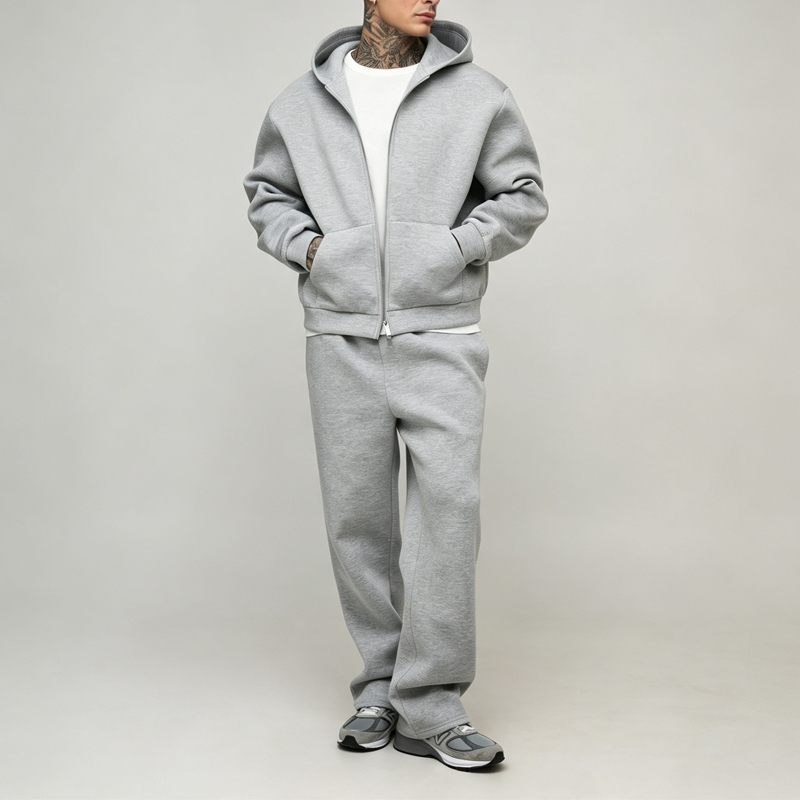 Custom Made 100% Cotton Air Layer Fabric 2 Pieces Full Zip up Boxy Fit Wide Leg Men's High Quality Tracksuit Set