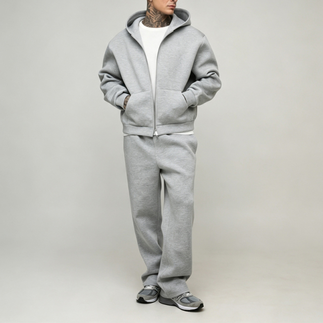 Custom Made 100% Cotton Air Layer Fabric 2 Pieces Full Zip up Boxy Fit Wide Leg Men's High Quality Tracksuit Set