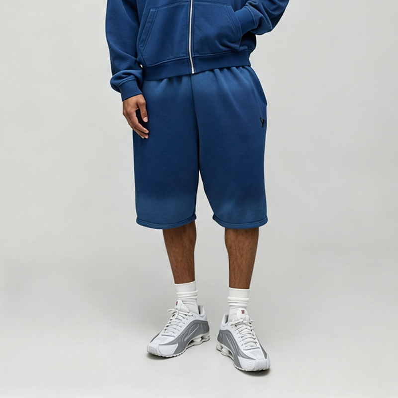 Custom Sun Faded Embroidery Full Zip Hoodie Knee Length Shorts 2 Pieces Washed 100% Cotton French Terry Men's Casual Tracksuit