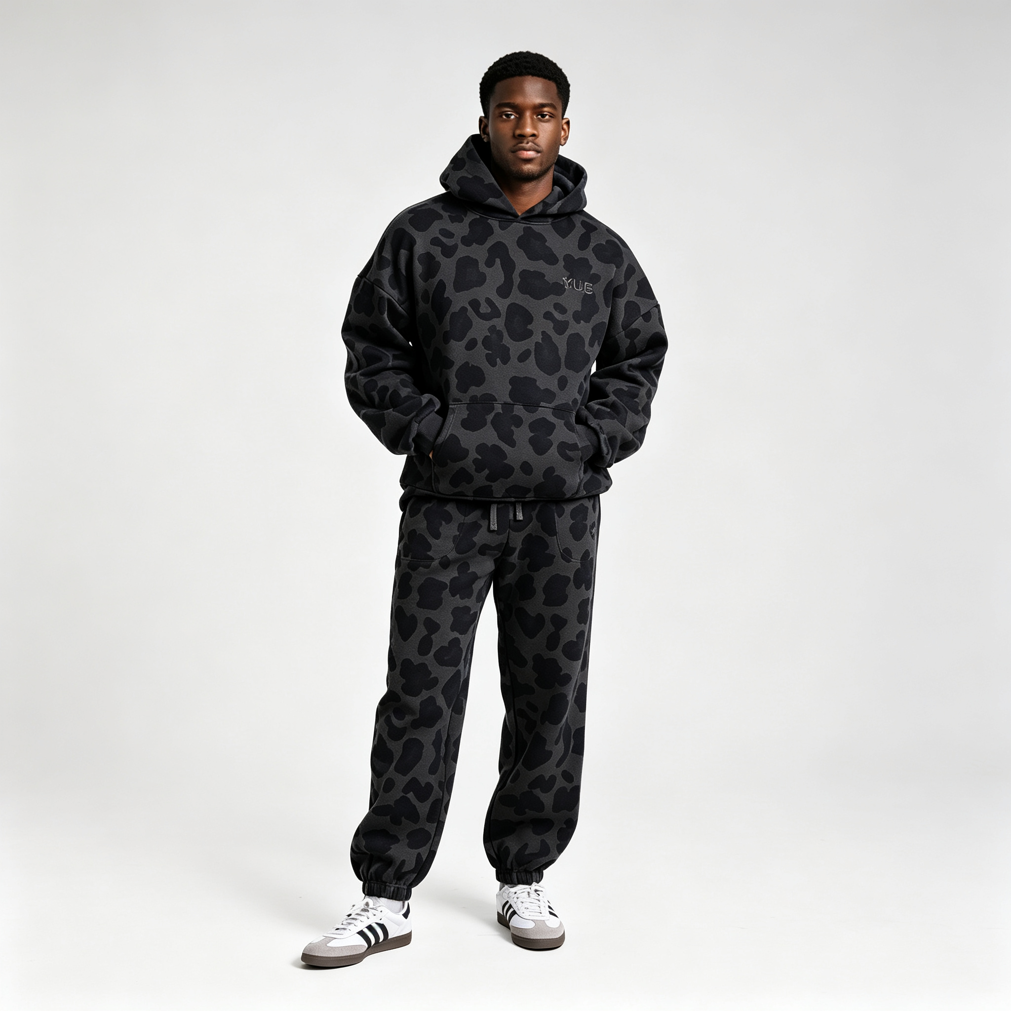 Winter Custom Leopard Patterned Screen Print Full Zip 2-Piece Boxy Fit Baggy Heavyweight 100% Cotton Fleece Men's Jogger