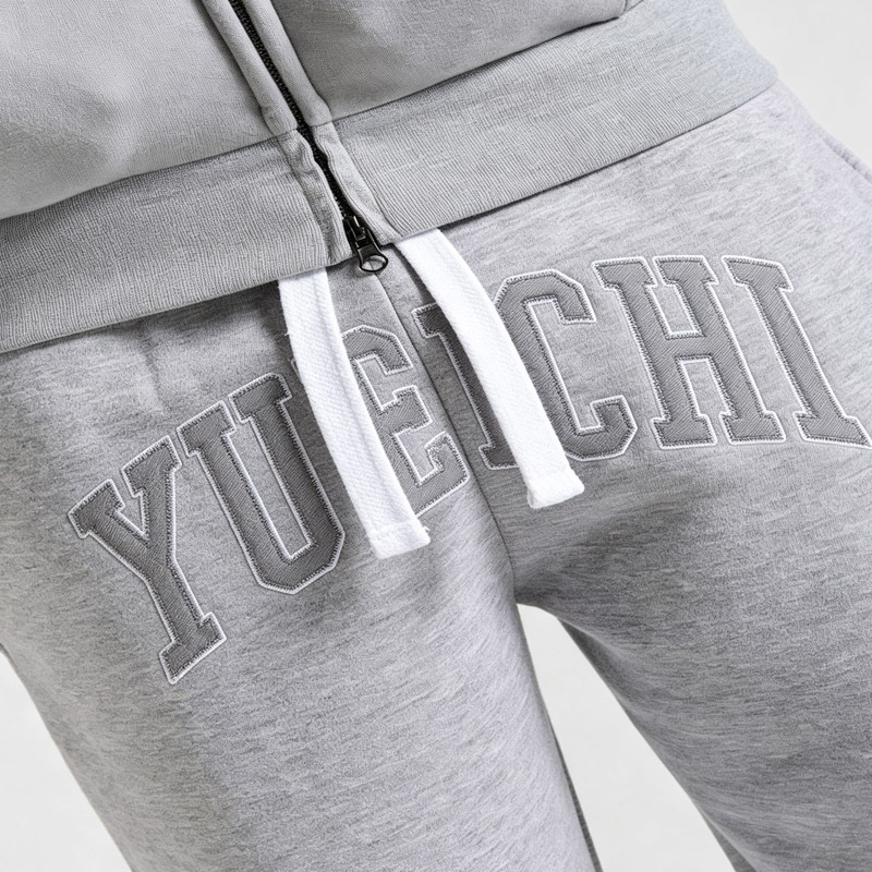 Custom Men's Heather Grey Fleece Hooded Zip up Tracksuit Boxy Fit Applique Dtg Printing Wide Leg Pant Streetwear 2 Piece Outfit