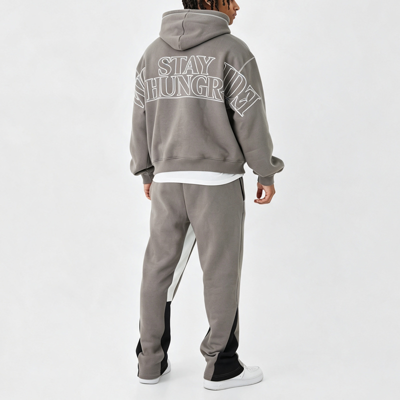 Custom Grey Heavyweight Vintage Winter Streetwear Tracksuit 2 Outlined Embroidery Contrast Stitching Boxy Fit 100% Cotton Men's