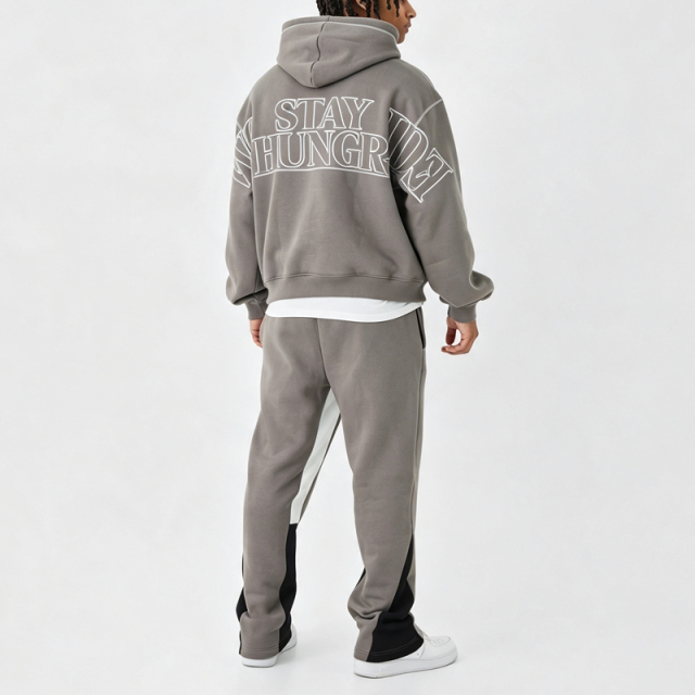 Custom Grey Heavyweight Vintage Winter Streetwear Tracksuit 2 Outlined Embroidery Contrast Stitching Boxy Fit 100% Cotton Men's