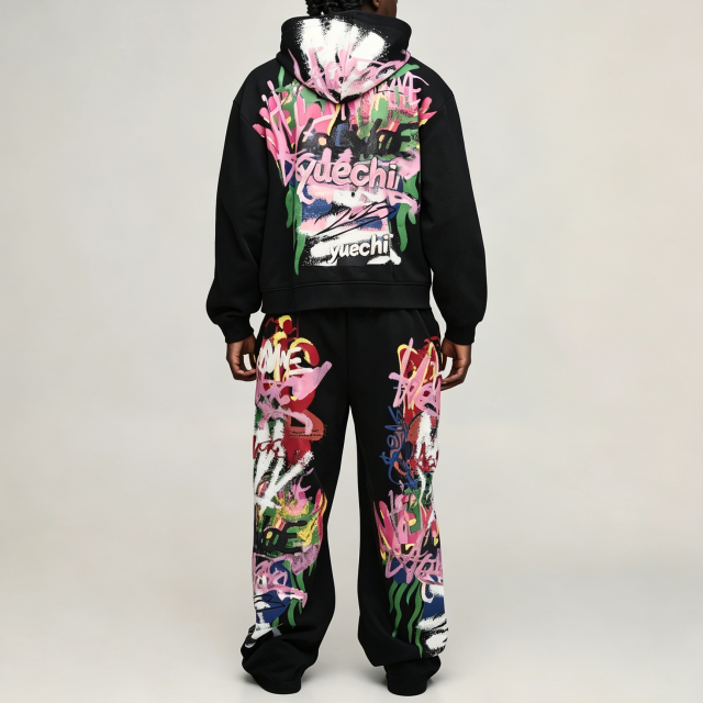 Custom Puff Printing 100% Cotton Fleece Winter Street Art Full Zip Boxy Fit Baggy 2 Pieces Black Men's Graffiti Tracksuit Set