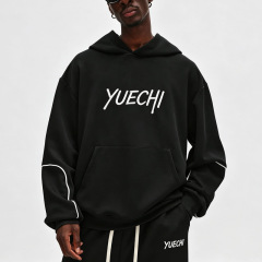 Men Oversized Boxy Hoodie Tracksuit Heavyweight French Terry Contrast Piping Embroidery Wide Leg Streetwear 2 Piece Set