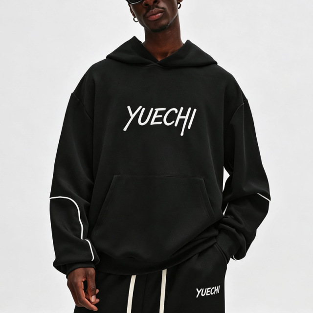 Men Oversized Boxy Hoodie Tracksuit Heavyweight French Terry Contrast Piping Embroidery Wide Leg Streetwear 2 Piece Set