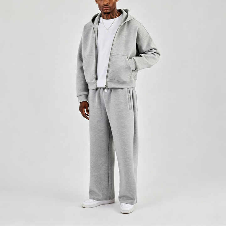 Custom Men Winter Air Layer Fabric Embroidery Boxy Zip-Up Hooded Hoodie Baggy Wide-Leg Pant Side Pockets Oversized Streetwear