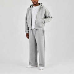 Custom Men Winter Air Layer Fabric Embroidery Boxy Zip-Up Hooded Hoodie Baggy Wide-Leg Pant Side Pockets Oversized Streetwear
